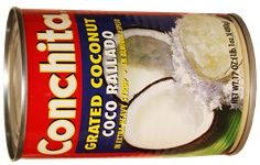 Grated coconut in syrup by Conchita.  17 oz