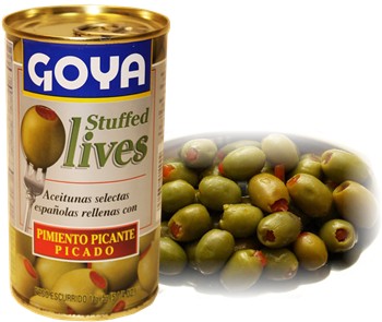 Hot pepper stuffed Spanish  olives.  5.25 oz