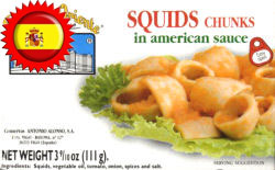 Palacio De Oriente squids chunks in  American sauce.  4 oz. From Spain.