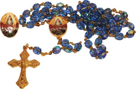 Caridad del Cobre Crystal rosary with  lapel pin.