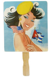 Retro hand fan  (abanico) with wood handle 8 x 8