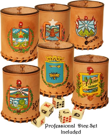 Leather Cubilete game set. Cup and dice included. Provinces Coat of Arms