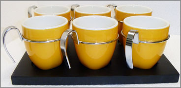 Ceramic demitasse set of six with tray. Color yellow.