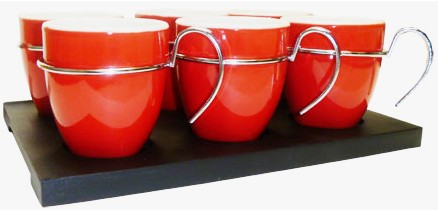 Ceramic demitasse set of six with tray. Color red