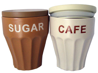 Ceramic set of sugar and coffee counter top pot.