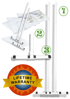 Cuban mops, set of 2, with 4 FREE mop clothes. High impact plastic construction.