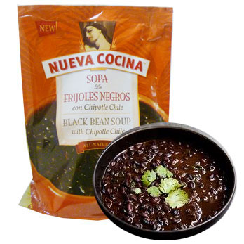 Black bean soup with chipotle chile. Nueva Cocina, Mix ready to cook. 8 oz Serves 4 .