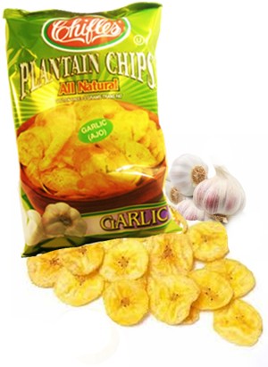 Plantain  Chips garlic flavor.   Mariquitas sabor a ajo.  5 Oz