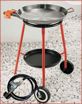 Paella Cooker Set .  Includes  Polished Steel Pan,  2 Ring Burner, Stand, Hose And Gas Regulator