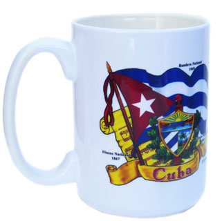 Coffee mug with Cuban flag and Coat of Arms design.